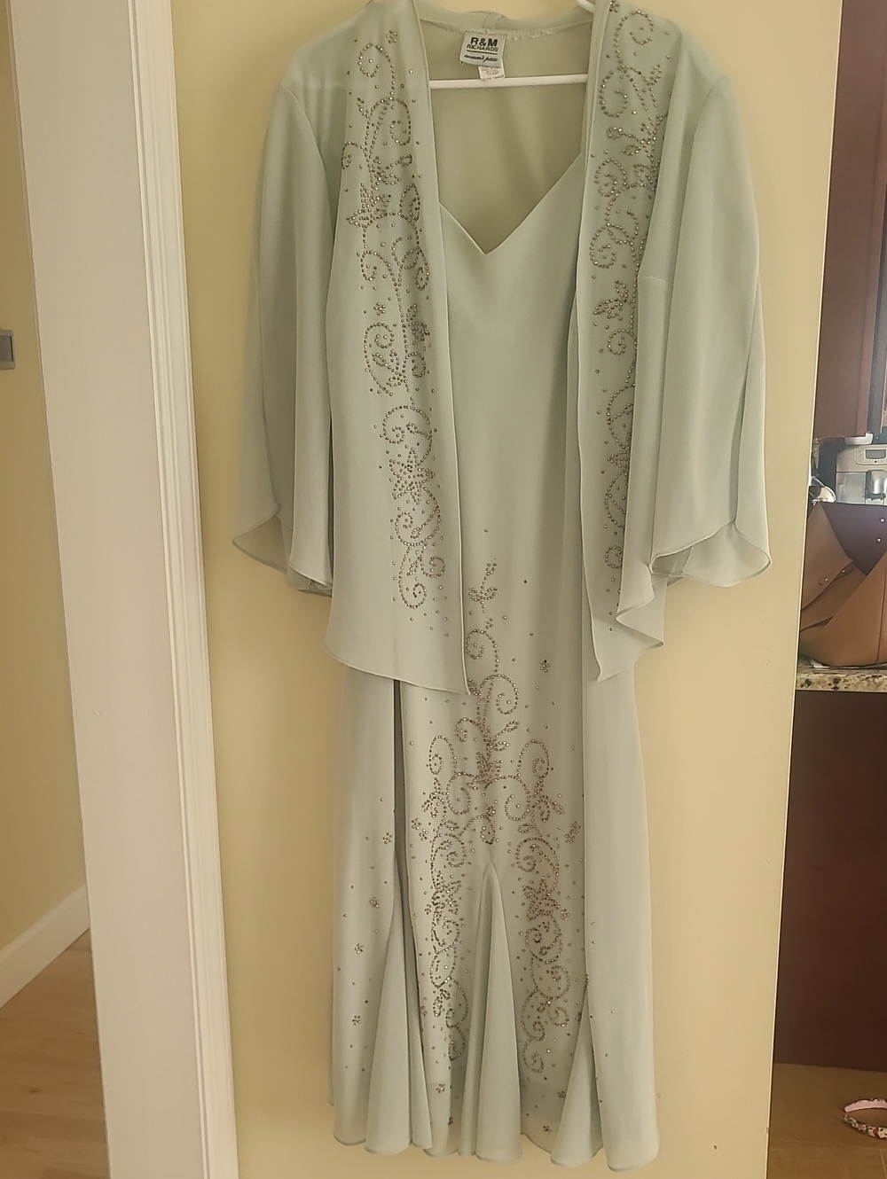 R&M Richards Pale Green Beaded Midi Dress with Overlay Jacket
